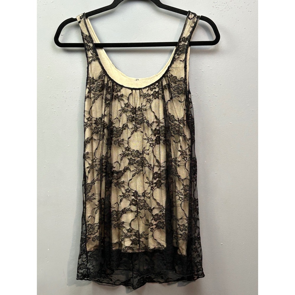 Mall Goth Tank Top Women Medium Black Beige Floral Lace Mesh Romantic Goth Layer